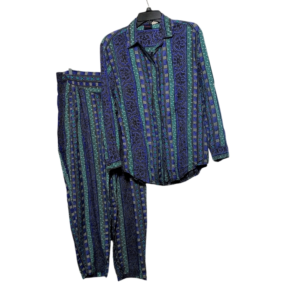 Vintage 1980s 2 Piece Matching Set Blue Green Graphic Women's Size Large - Picture 2 of 13